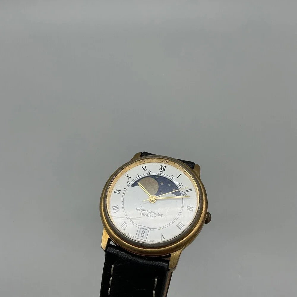 The Sharper Image Mens Watch 32mm White Dial Moon Phase Date Swiss New Battery